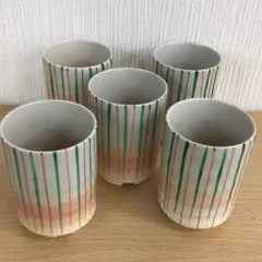 【昭和レトロ】 湯呑　5客セット 縦縞　十草(とくさ)模様