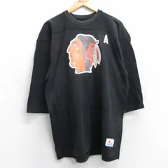 L/古着 チャンピオン Champion 7分袖 ビンテージ フットボール Tシャツ メンズ 80s NHL シカゴブラックホークス 7 クルーネック 黒 ブラッ