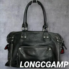 LONGCHAMP 本革ミニボストンバッグ トートバッグ 黒 ハンドバッグ レザー ブラック拡張可 ロンシャン 肩掛け 両サイドポケット付き
