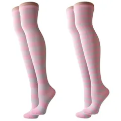 新品 OLYOLY【２枚セット】 過激 しましまソックス ニーハイソックス アニコス コスプレ 衣装 小物 ルーズソックス 縞パン ボーダー レディース (08 ピンク)