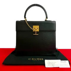 極 美品 袋付き CELINE セリーヌ ヴィンテージ ロゴ リング チェーン 金具 レザー 本革 ハンドバッグ ミニ トートバッグ ブラック 41716