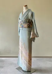 【訪問着】水浅葱地 花文様と短冊 優雅なぼかし染 一越縮緬［RA022］