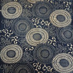 １０★型染 古布 リメイク 朱入り 藍色 アンティーク★ 厚手藍木綿型染朱入点描七宝繋ぎ菊唐草文古布・4幅