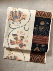 異国風鳥花文×幾何縞 名古屋帯 絣織 正絹［N168］