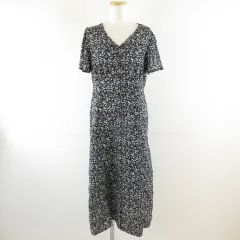 ジーユー GU フラワーVネックフレアスリーブワンピース ミモレ丈 半袖 花柄 黒 L *T622