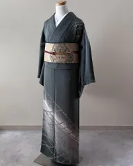 【訪問着】 一つ紋 灰青地 暈し×幾何流水文様 モダンシック［K128］