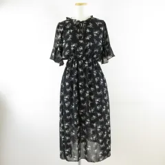 グレイル GRL ボウタイネックフリルワンピース 五分袖 ミディ丈 花柄 黒 M *T472