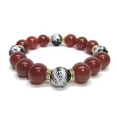 12mm 四神獣銀彫オニキス×赤瑪瑙 パワーストーン ブレスレット天然石 運気上昇 開運  [l] 金運 ギャンブル運 お守り 青龍 白虎 玄武 朱雀 （ゴールド）メンズ・レディース　男性・女性　数珠ブレス　開運  [l]