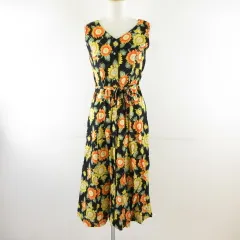 Rivdeont ワンピース ミディ丈 ノースリーブ 花柄 ひまわり柄 黒 黄 *T663