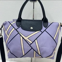 319 LONGCHAMP ロンシャン　ハンドバッグ 2way　ショルダーバッグ　ルプリアージュ パープル系　紫　黒　総柄　ナイロン　レザー レディース