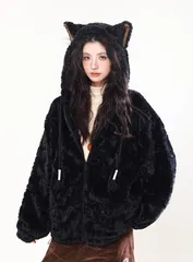耳付き フード付き もこもこ ボア ジップアップ アウター パーカー コート ブラック 秋冬 レディース 韓国ファッション 地雷系 量産型 ゆったり かわいい フェイクファー ストリート 防寒 ふわふわ トレンド オーバーサイズ カジュアル サブカル 猫耳