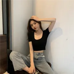 カットソーTシャツ未使用短めラウンドネック無地シャツシンプルカラバリ豊富オーバルネックかわクロップドレディーストップス