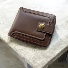 メンズ財布 二つ折り コンパクト PUレザー 茶 小銭入れ付き カード収納 多機能 ラウンドファスナー ウォレット 星 ブラウン