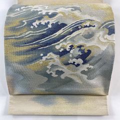 開き名古屋帯 美品 秀品 夏帯 縦絽 渦潮 波頭 ベージュ 正絹 中古 開き名古屋帯 美品 秀品 夏帯 縦絽 渦潮 波頭 ベージュ 正絹 中古