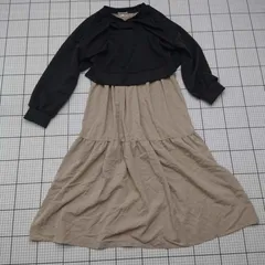 ◇ ⊇ ローズマダム 配色カラー 長袖 ロング丈 ワンピース サイズM グレー ベージュ系 レディース E  【1509100027942】