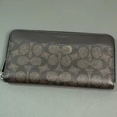 COACH コーチ ラウンドファスナー 長財布 レザー PVC シグネチャー ダークブラウン 【T3 2-18】