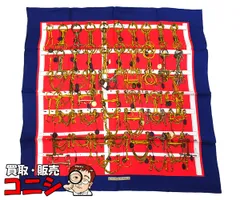【質コニシ】【HERMES/エルメス】カレ90 スカーフ MORS&FILETS 馬とビット ブルー×レッド 青×赤 中古 美品【送料込み】m0633b