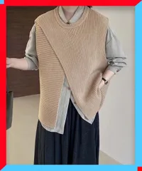 新品 リブニットベスト 前後スリットニットジレ 袖なしニット着やせ 体型カバートップス 秋冬レイヤードジレ 【 送料無料 】