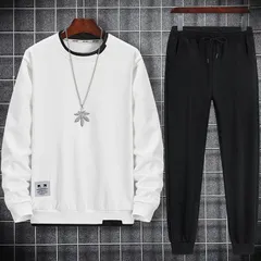 上下セットセットアップメンズかっこいいカジュアルTシャツコーデロング丈ウエストゴムジョガーパンツおしゃれトレーナー長袖