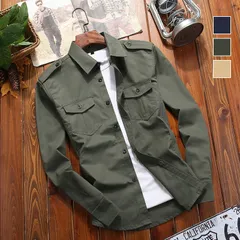 ミリタリーシャツメンズシャツおしゃれ春服カジュアルシャツブラウスアウトドアミリタリーワークシャツ秋服開襟長袖作業着ポ