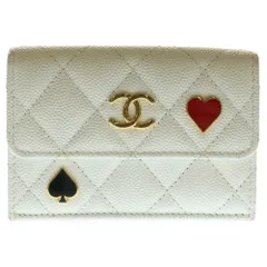 CHANEL (シャネル) マトラッセ スモール フラップウォレット 三つ折りコンクト財布 トランプ柄 ホワイト キャビアスキン ゴールド金具 AP3081