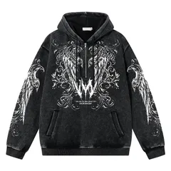 新品未使用 h 🧢 ヒップホップ 幾何学プリント ハーフジップ フーディー パーカー｜ユニセックス 美式ヴィンテージ風 秋冬 厚手 裏起毛 ストリート系 オーバーサイズ トレーナー