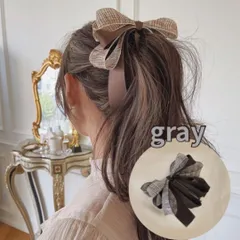 レディース バナナクリップ リボン グレー シフォン レース 髪留め 韓国