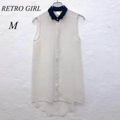 e5708 【レトロガール】レディース ロングブラウス Mサイズ オフホワイト×ブラック ノースリーブ シャツ シフォン素材