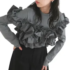 大人可愛い　ボリューム　フリル　長袖　カットソー　レディース　トップス　グレー　灰色　gray 灰　ねずみ色　サラッと素材　ゆったりサイズ　大人気　流行　秋　冬　春　珍しいデザイン　ふんわりフリル　可愛い　女の子　ラブリー　上品　華やか　高品質　モテ　シンプル