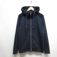コムサメン COMME CA MEN ダブルジップ スウェット パーカー M ネイビー チェッカーフラッグ柄フード 異素材切替えのサムネイル