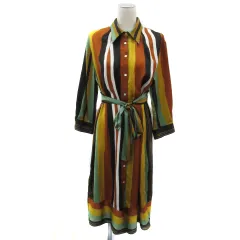 ザラ ベーシック ZARA BASIC シャツワンピース ミモレ丈 長袖 ストライプ柄 リボンベルト付き M マルチカラー オレンジ /YS23