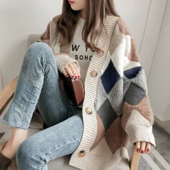 【７色】ニットカーディガン アーガイル柄 オーバーサイズ レディース 秋冬★ニットアウター もこもこ 配色 柄編み