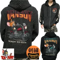 VANSON ジップ パーカー ジャケット バンソン トムとジェリー コラボ 刺繍 スウェット メンズ/レディース/ユニセックス TOM & JERRY キャラクター ブラック ウォバッシュ サイズM-L-XL-XXL TJV-2533 ネバーマインド