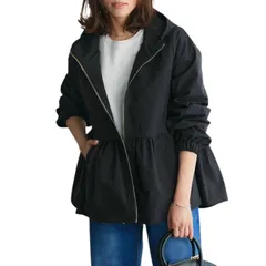 アウター　ブラック　黒　シャカシャカ　ブルゾン　パーカー　フード　ペプラム　フレア丈　大人可愛い　上品　高品質　薄手ジャケット　パーカー　羽織　可愛い　大人気　定番　おしゃれ　ママコーデ　シンプル　無地　最安値　大人　レディース　トップス　新品未使用　人気