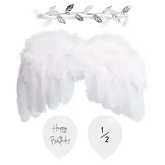 【送料無料】BTtime 天使の羽 赤ちゃん エンジェルセット 飾り 衣装 羽根 ヘアバンド 天使羽 ハーフバースデー バルーン 風船 寝相アート 可愛い エンジェル 舞台 写真 撮影 新生児用 (ホワイト)
