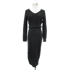 リリーブラウン Lily Brown ニットワンピース ミモレ丈 長袖 Vネック ケーブル編み スリット F ダークグレー /YS15