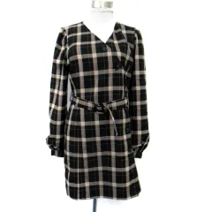 スライ SLY シャツワンピース ミニ丈 長袖 Vネック チェック柄 ベルト付き 1 黒 ブラック ベージュ /SM16