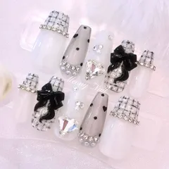 No.85オーダー♡量産型ワンホン韓国フレンチガーリースナ系ツイードジェルネイルチップ ドットリボンハート
