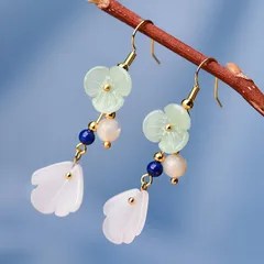 ピアス 花 フラワー ゴールド フック 小さい 淡水パール グリーンメノウ 中国風 20G 仕事用 揺れる シンプルピアス ゆらゆら フックピアス