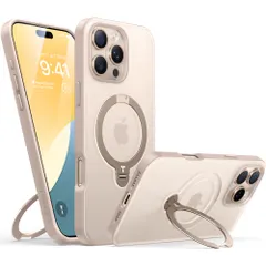 新品 TORRAS iPhone 16 Pro 用 ケース【ソフトベージュ ・チャーミング｜360° ゼンマイ式スタンド 】 米軍規格 縦横両対応 リング付き マグネット搭載 ワイヤレス充電対応 耐衝撃 防指紋 半透明 Ostand Spin デザートチタニウ