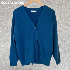 GLOBAL WORK 青 Vネックカーディガン Fサイズ