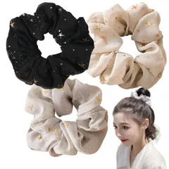 【送料無料】shefun シュシュ 大人 サテン 髪の毛 ゴム 無地 花柄 ヒョウ柄 絞り染め かわいい 大きめ 3個セット レディース オトナ しゅしゅ JP324 (星空シフォン)