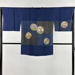 道行 身丈85.5cm 裄丈65cm M 松井青々 和装コート 角衿 落款 草花 丸紋 金彩 濃紺 正絹 名品 【中古】