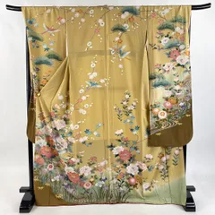 振袖 身丈170cm 裄丈69.5cm L 袷 鳥 牡丹 箔 染め分け 薄茶色 正絹 名品 【中古】