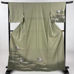 付下げ 身丈165cm 裄丈66cm M 袷 草花 組紐 金銀彩 ぼかし 灰緑 正絹 秀品 【中古】