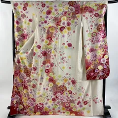 振袖 身丈170cm 裄丈67.5cm L 袷 牡丹 桜 刺繍 銀通し クリーム 正絹 逸品 【中古】