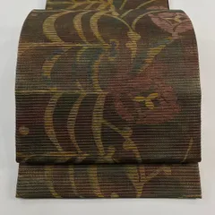 【美品】 袋帯 秀品 草花 七宝 箔 焦茶色 六通 正絹 【中古】