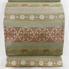 【美品】 袋帯 秀品 華文 鳥 刺繍 金糸 灰緑 全通 正絹 【中古】