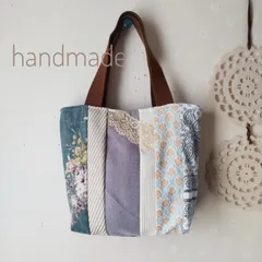 ハンドメイド　パッチワーク　ミニトートバッグ　ナチュラルブルー