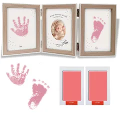 新品 手形スタンプ フレーム セット 置き掛け兼用 手形足形 汚れない おしゃれ 木製 ウッド 三面 写真立て 赤ちゃん 手足 ベビーフレーム 出産祝い (茶色フレーム/ピンクスタンプ)